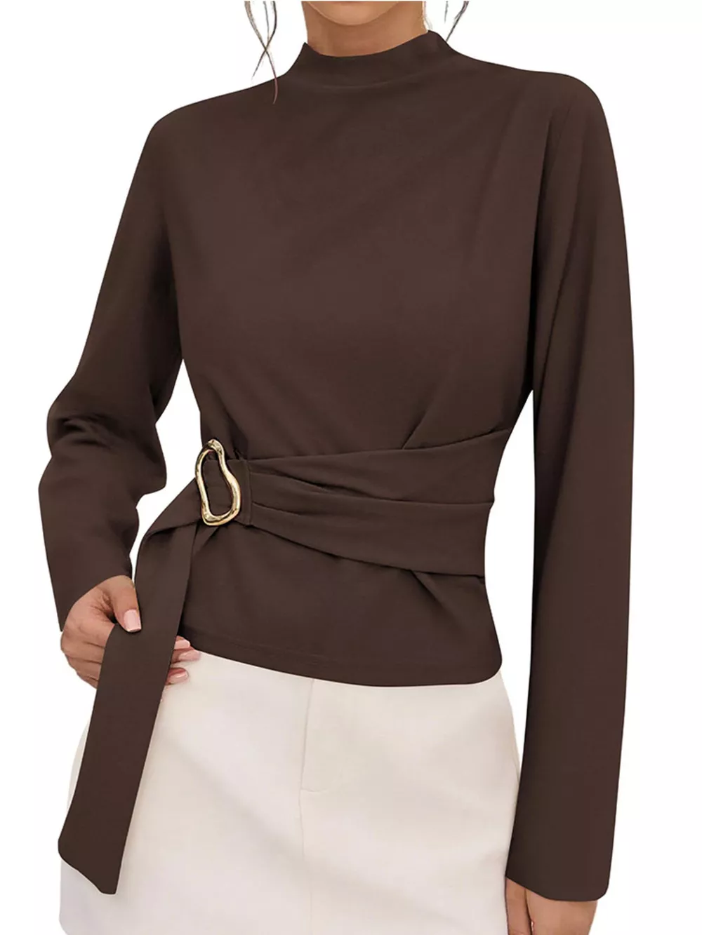 Mock Neck Blouse with Waist-Defining Metal Buckle Detail, image 14