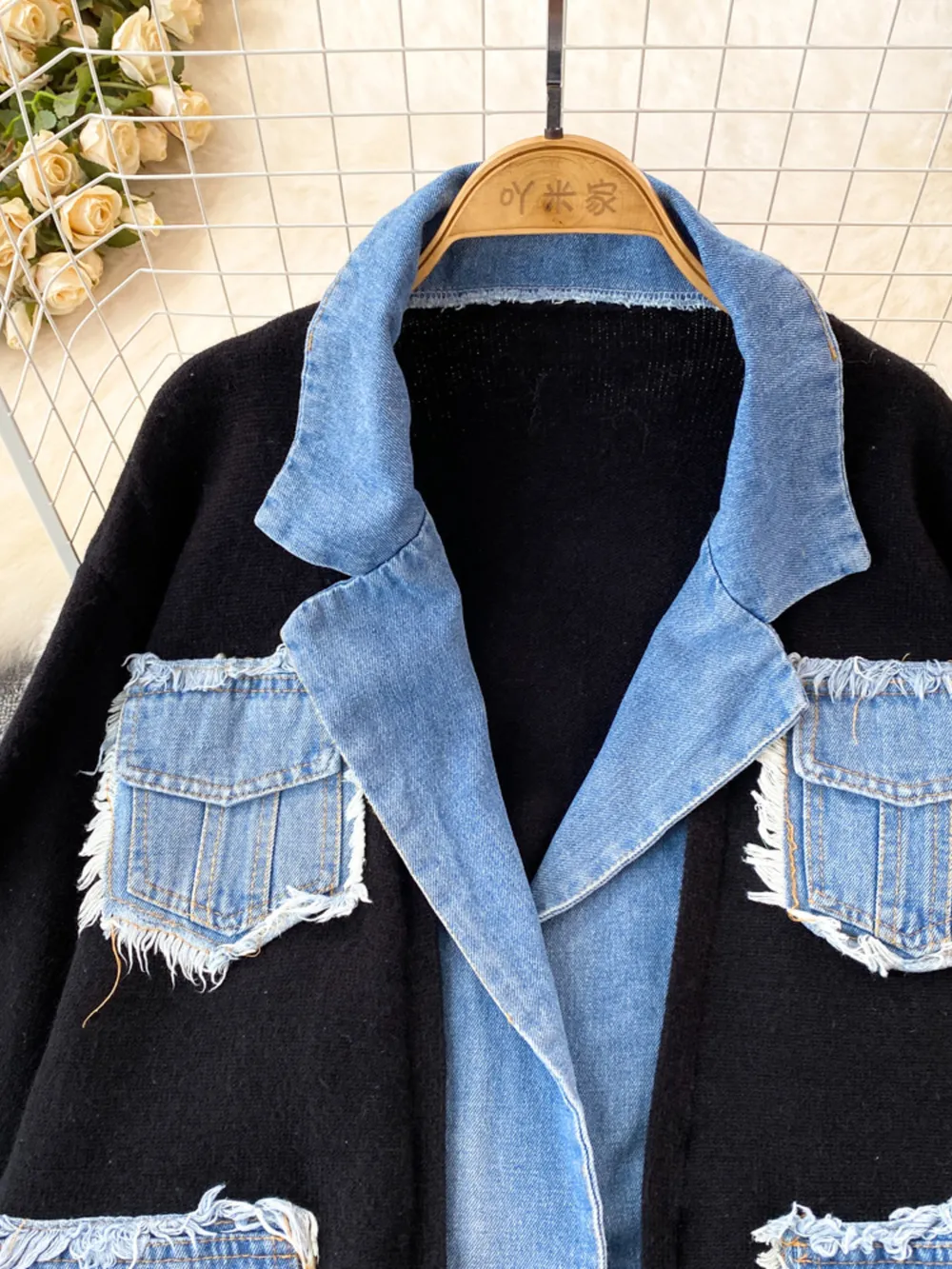 Raw Hem Denim Pocket Patchwork Cardigan, image 7