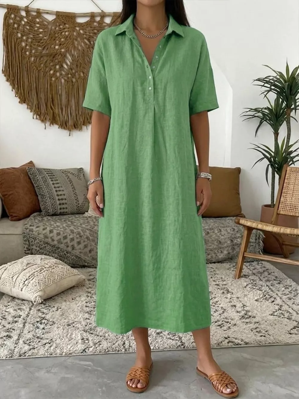 Full Size Button Detail Half Sleeve Dress Plus Size, image 10