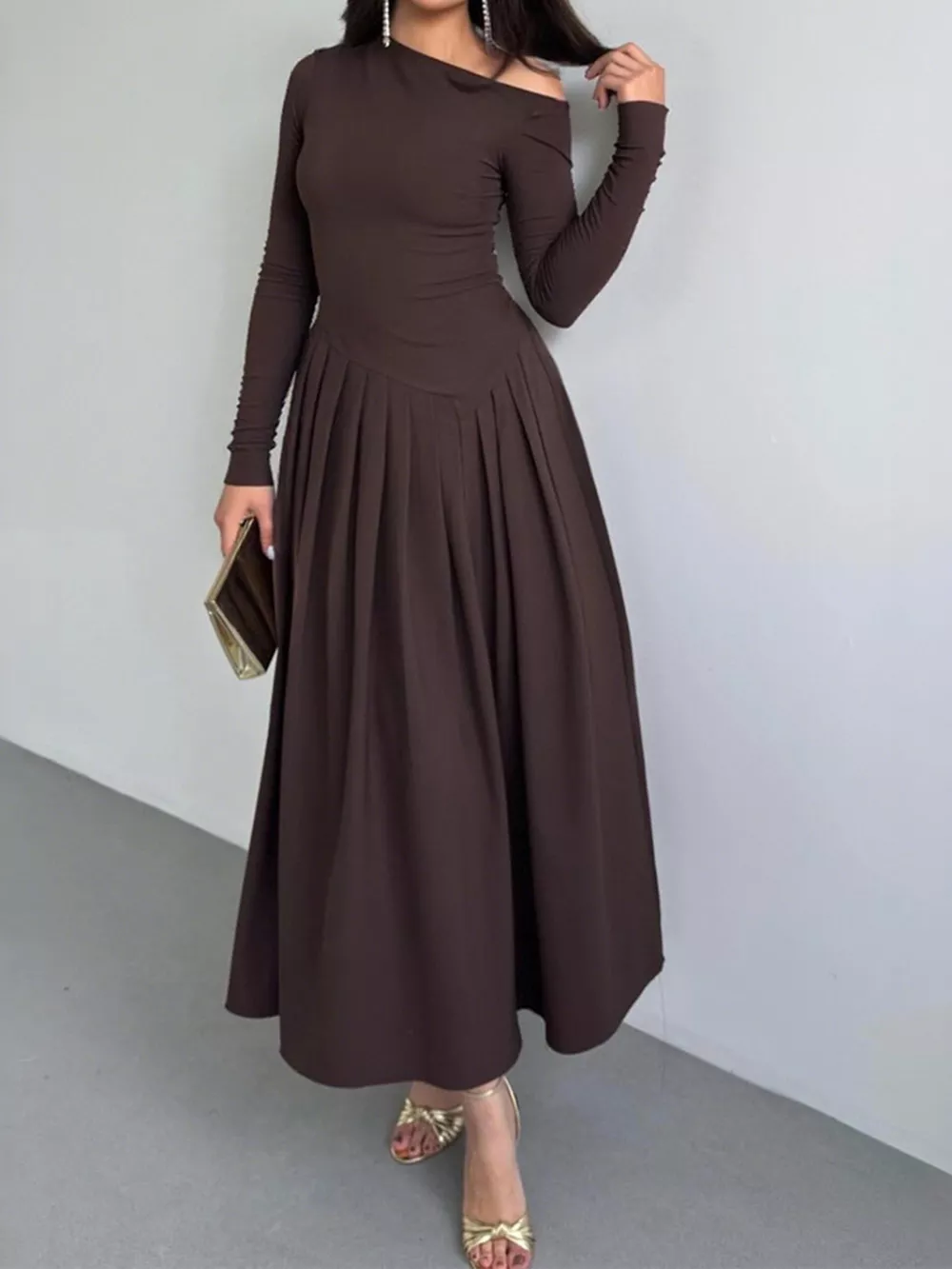Ruched One Shoulder Long Sleeve Dress, image 2