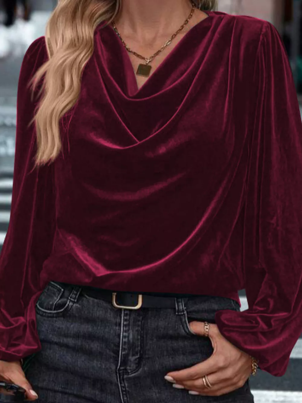 Velvet Cowl Neck Long Sleeve Blouse, image 9