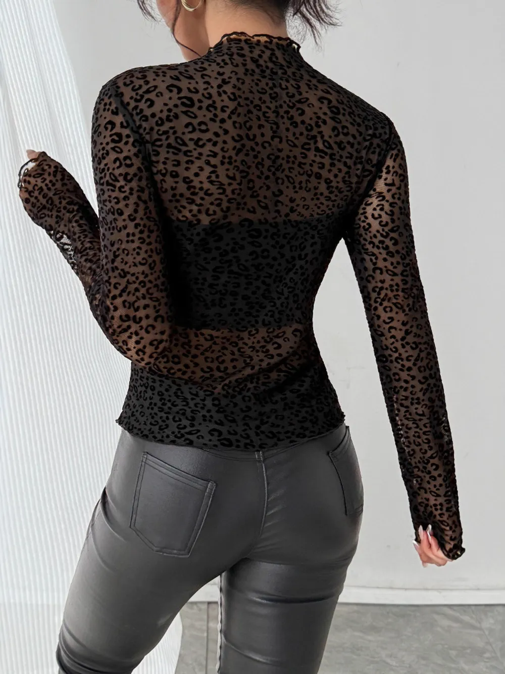 Leopard Print Mesh Long Sleeve T-Shirt, image 4