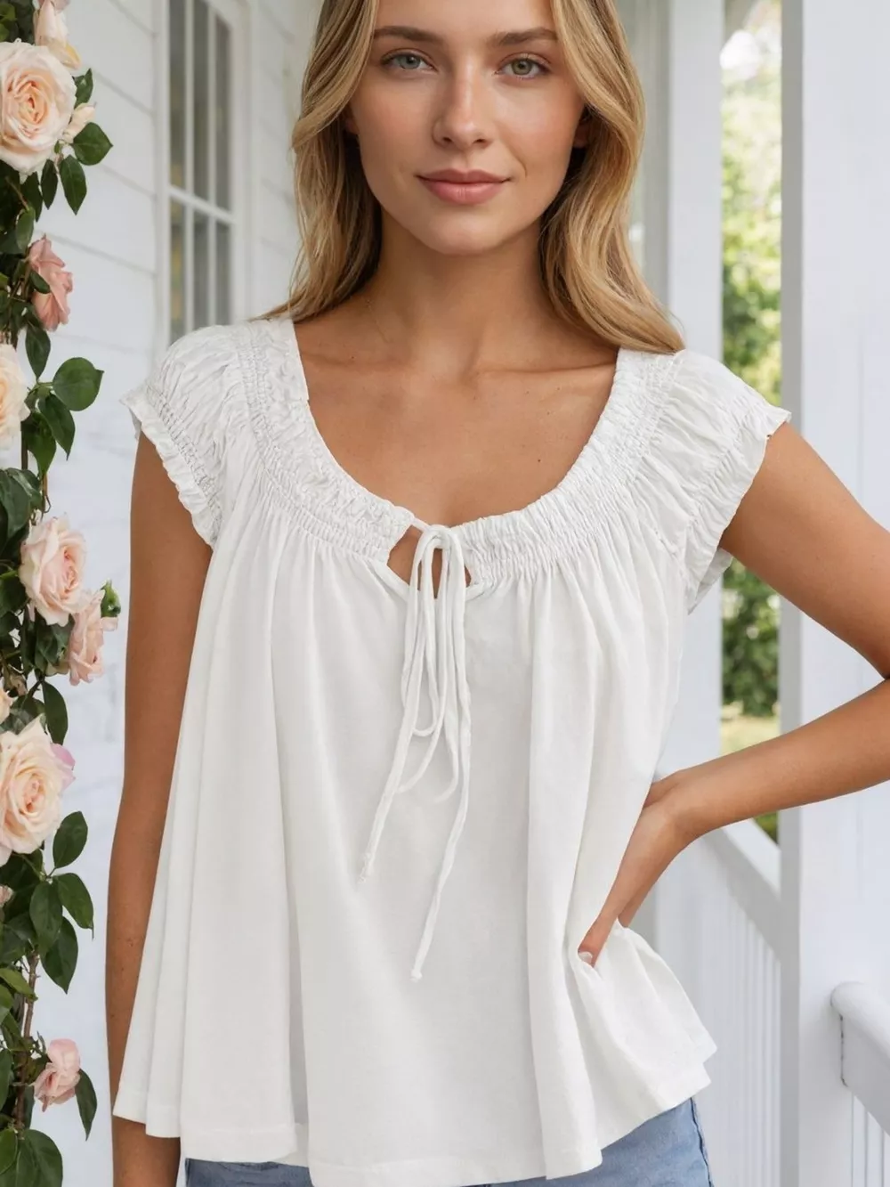 Tie Front Solid Color Blouse, image 3