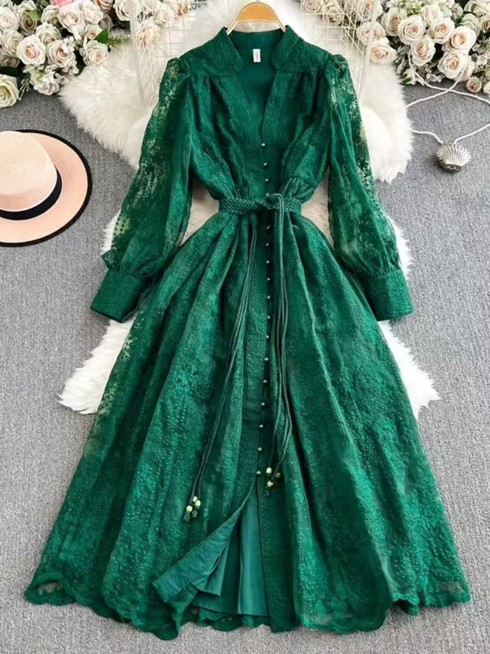 Lace Tie Waist Long Sleeve Dress, image 3