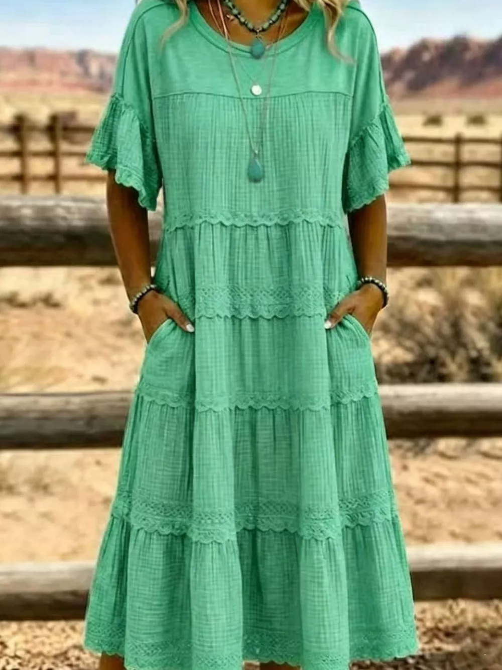 Full Size Tiered Ruffle Sleeve Midi Dress with Pockets Plus Size, image 8