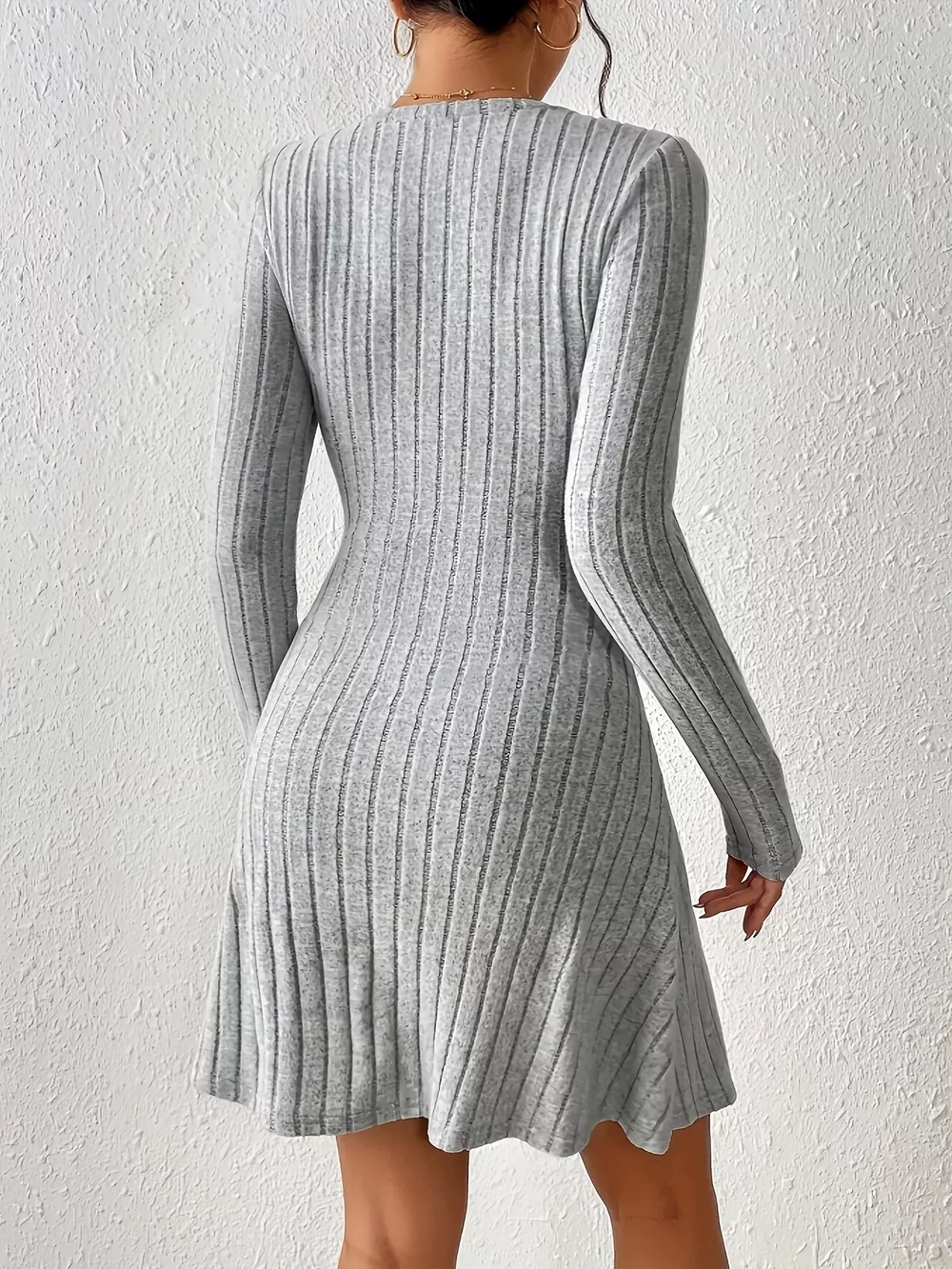 Ribbed Knit Tie Waist Long Sleeve Casual Dress, image 4