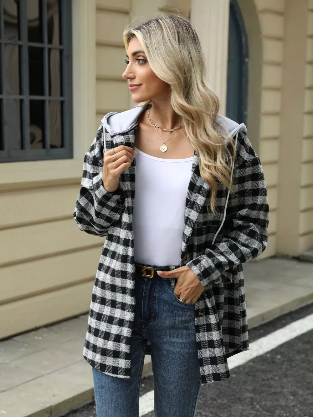 Plaid Button Up Long Sleeve Drawstring Hooded Jacket, image 5