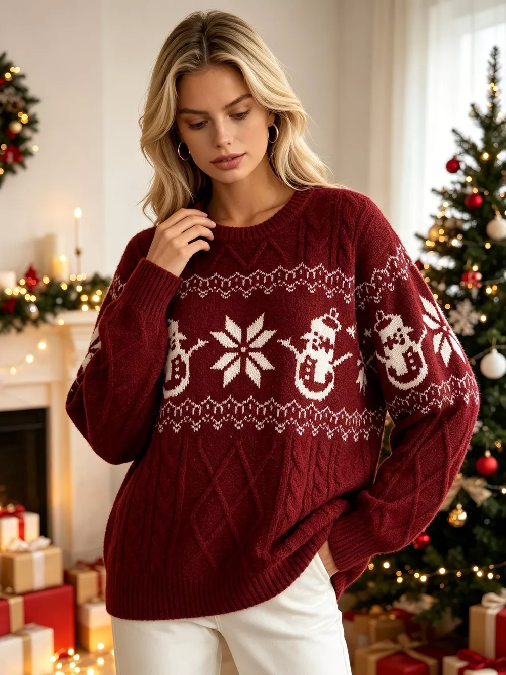 Christmas Snowman Pattern Cable Knit Sweater, image 16