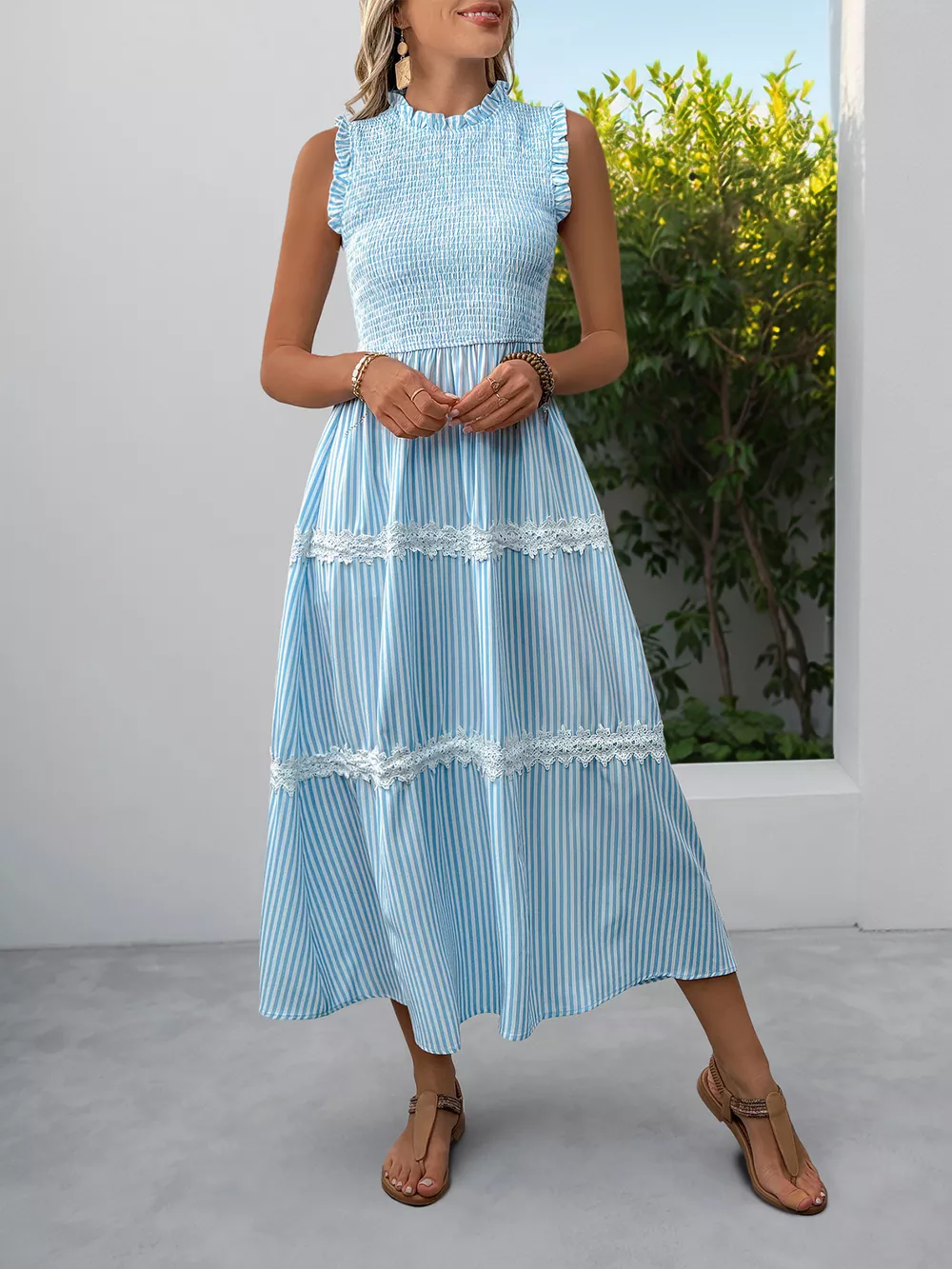 Striped Smocked Sleeveless Tiered Midi Dress, image 9
