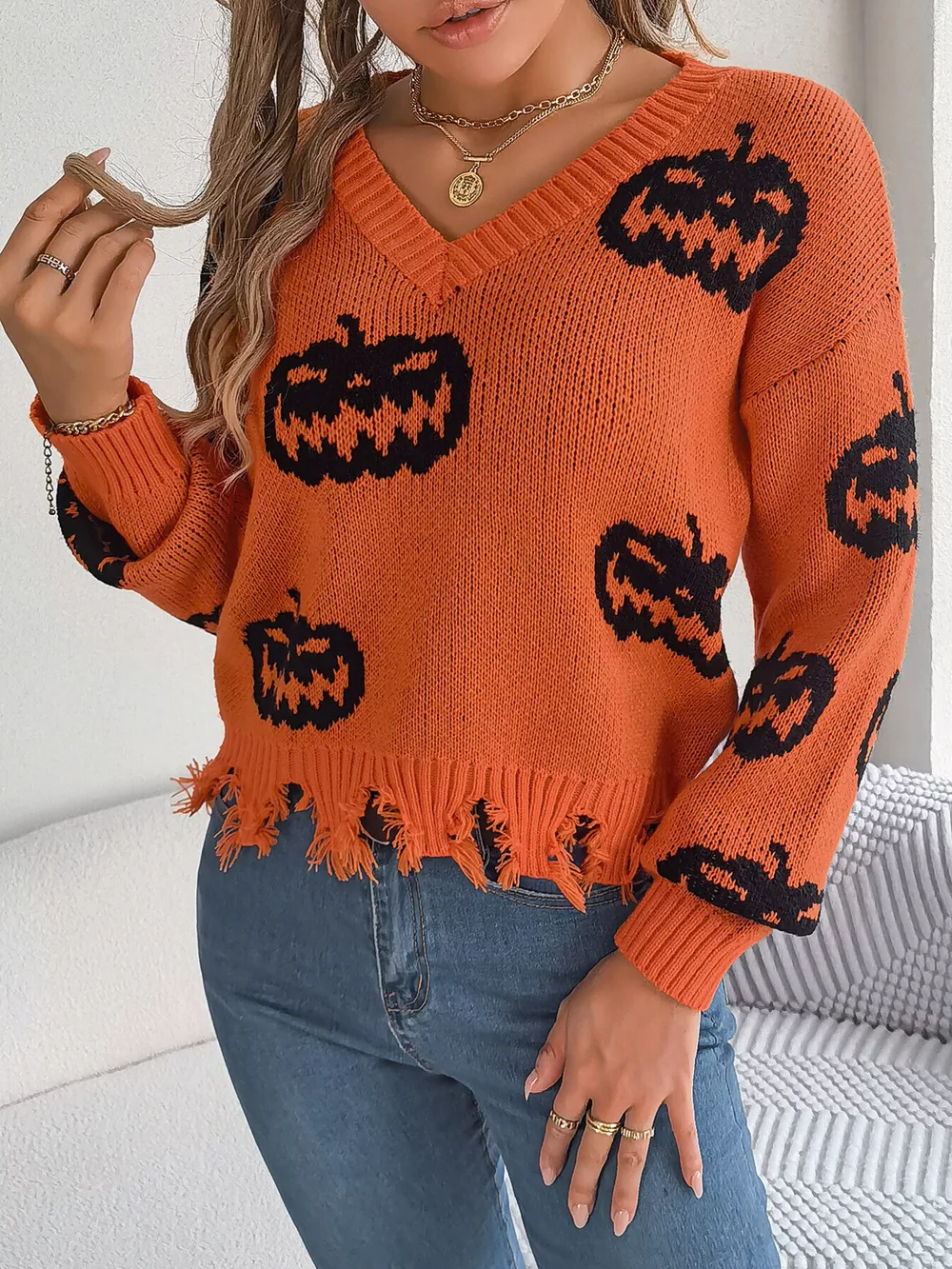 Halloween Pumpkin Pattern Raw Hem V-Neck Sweater, image 16