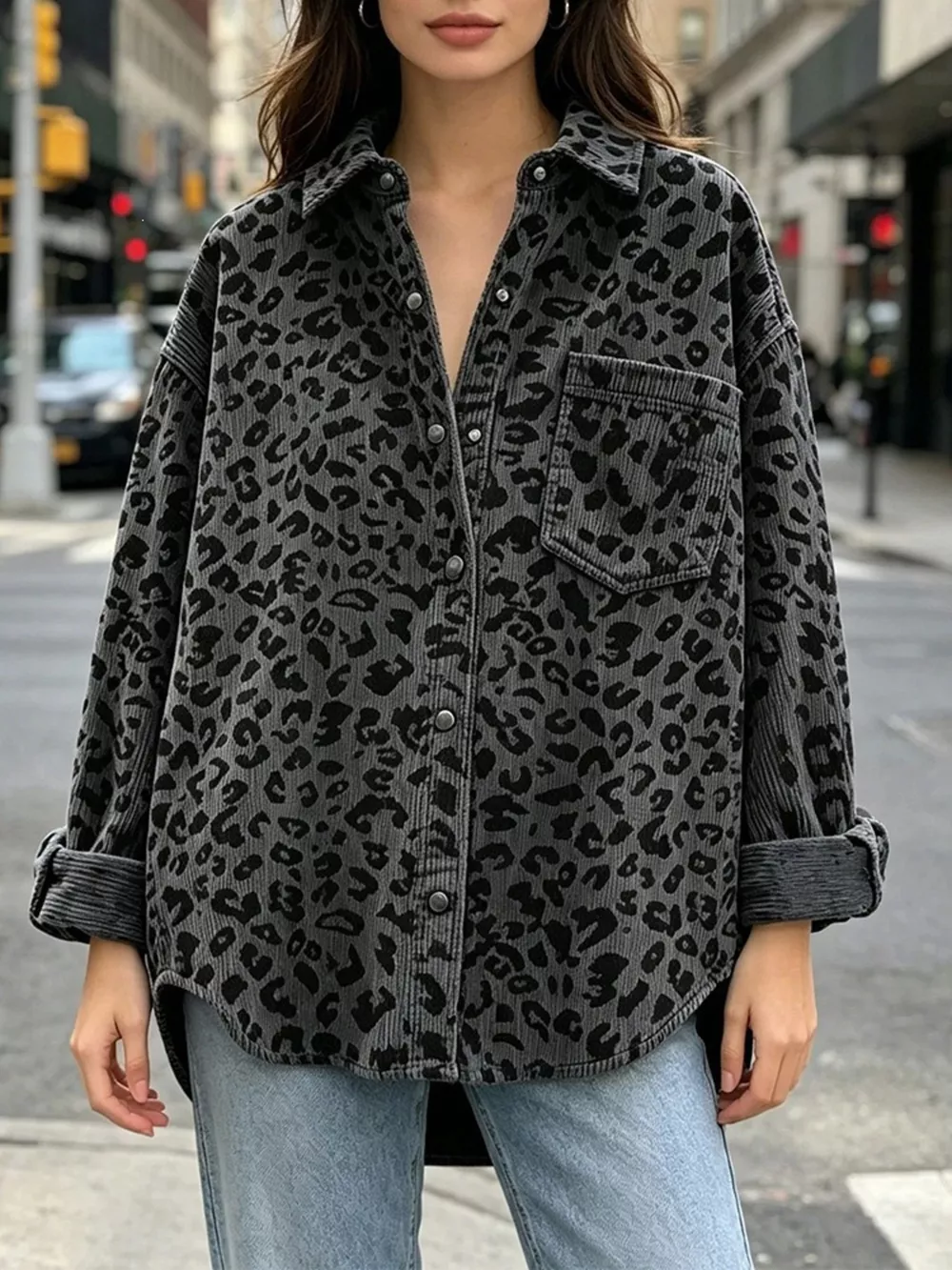 Oversized Leopard Corduroy Button-Down Shirt, image 5