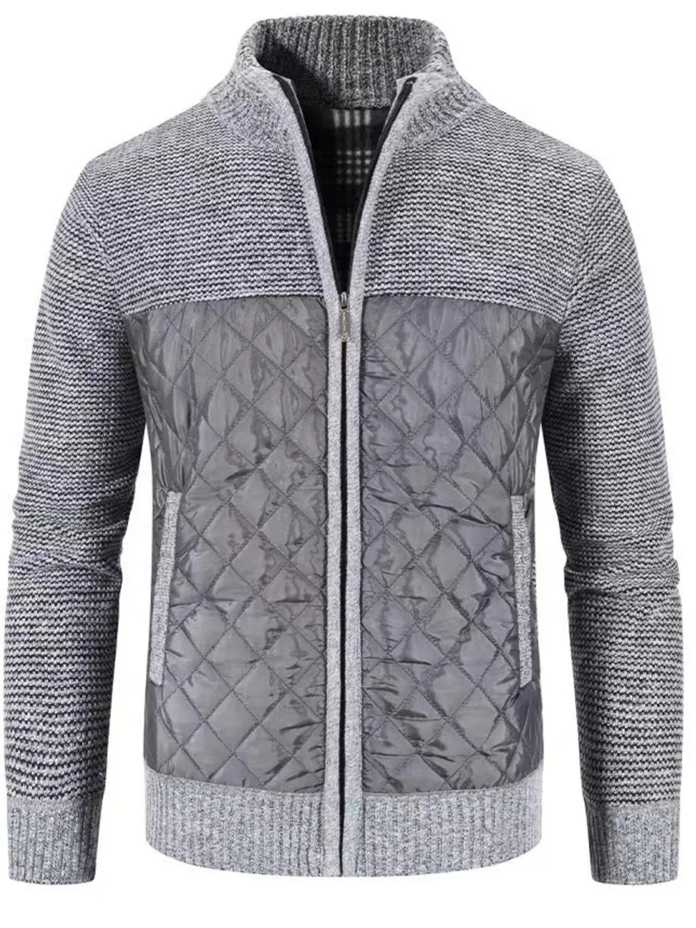 Men's Plus Size Quilted Panel Zip-Up Sweater Cardigan, image 14