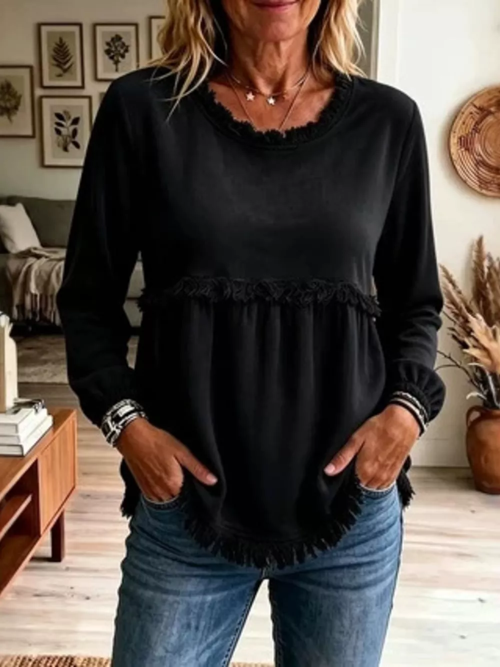 Fringed Hem Long Sleeve T-Shirt, image 13