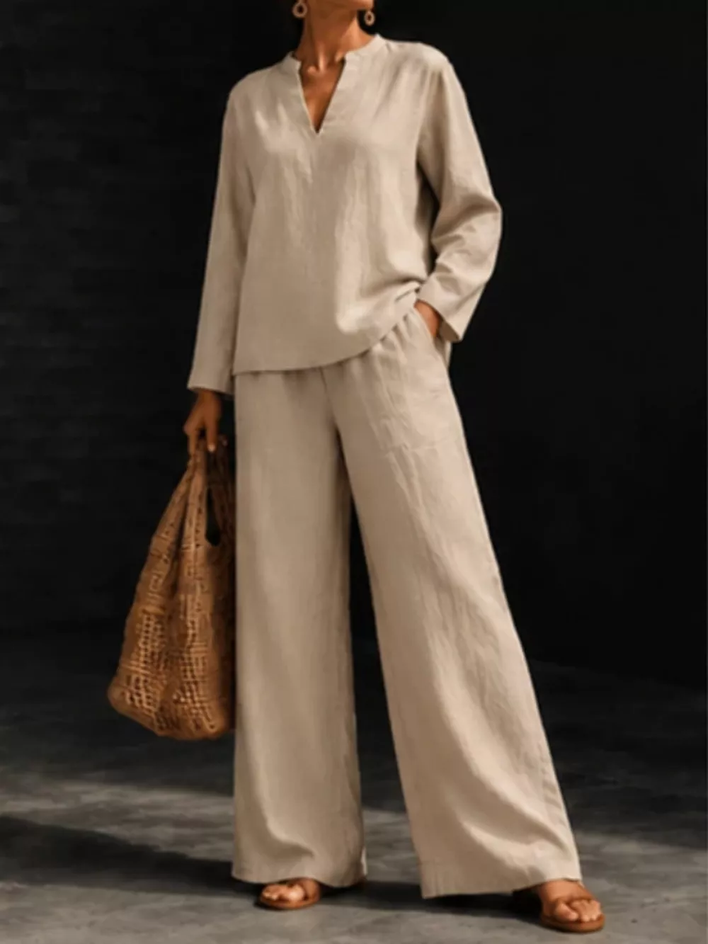 Notched Long Sleeve Top and Pants Set, image 12