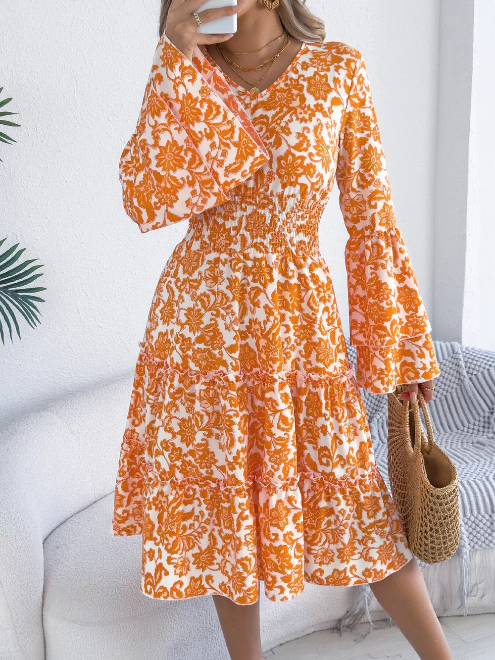 Floral Print Smocked Ruffle Hem Flared Sleeve Dress, image 14