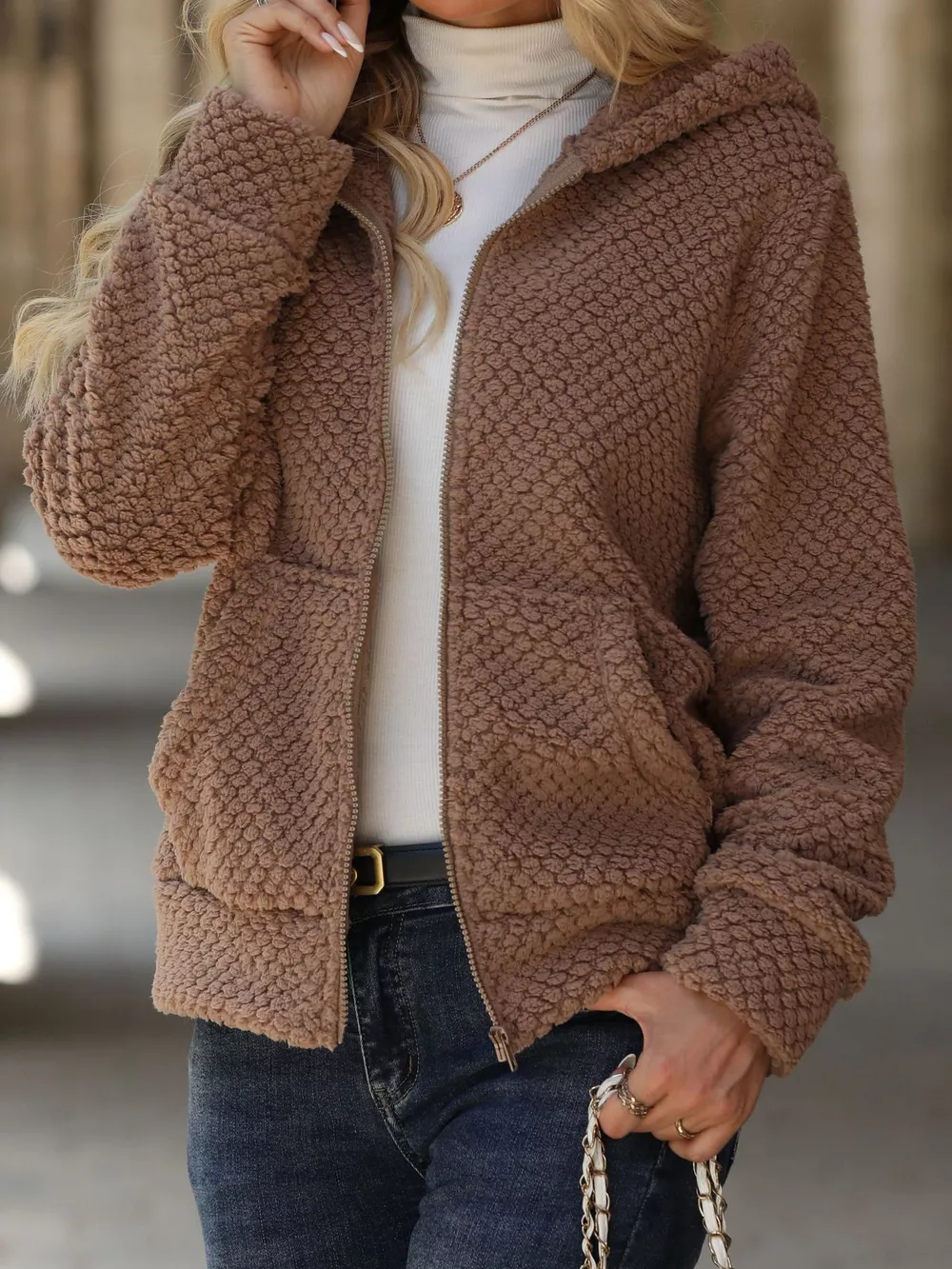 Textured Knit Zip-Up Hooded Outerwear, image 4