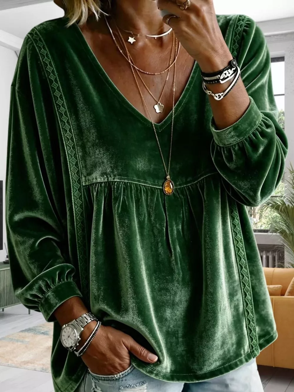 Full Size Velvet Lace Detail V-Neck Blouse Plus Size, image 19