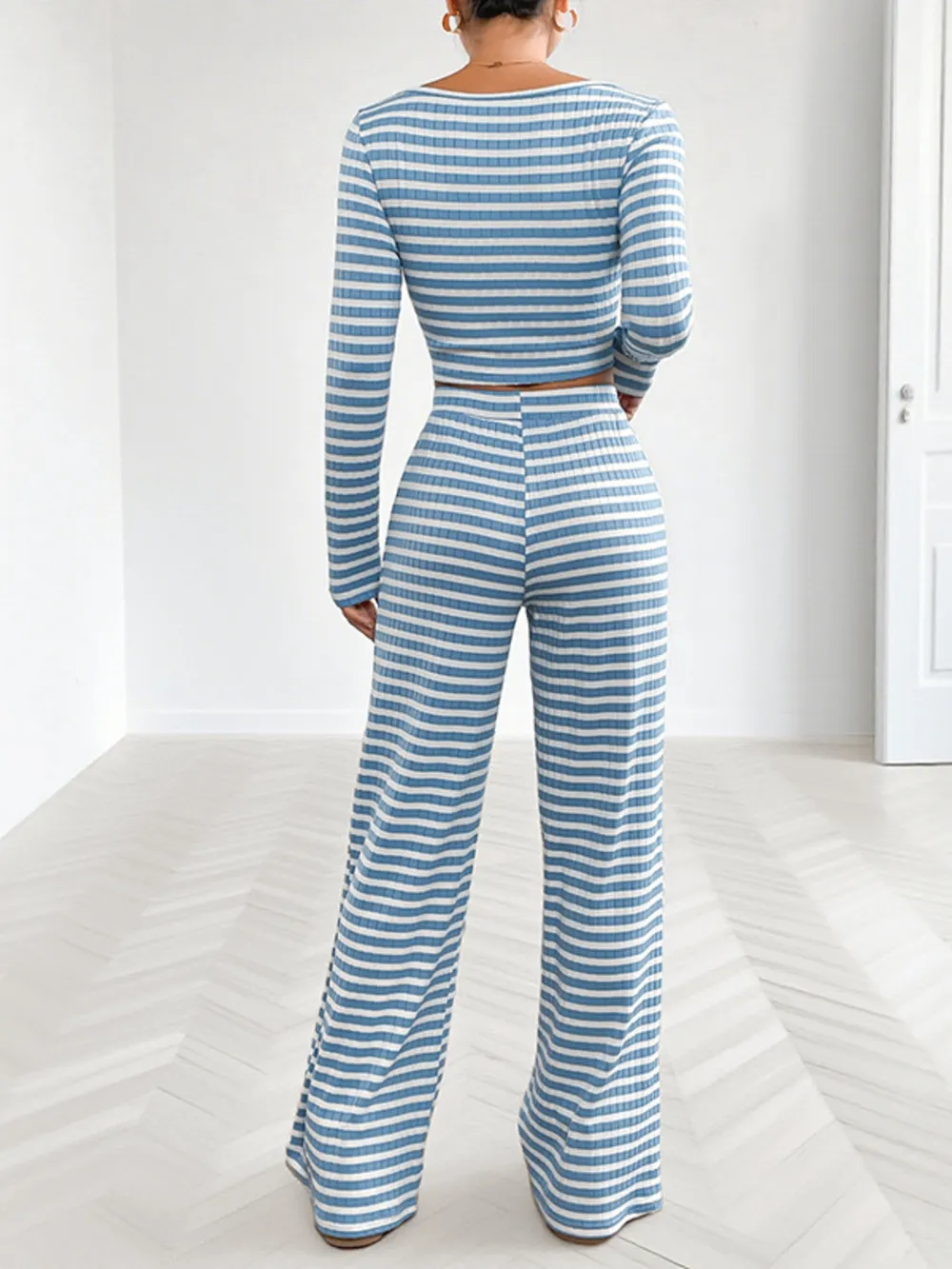 Striped Square Neck Long Sleeve Top and Pants Lounge Set, image 13
