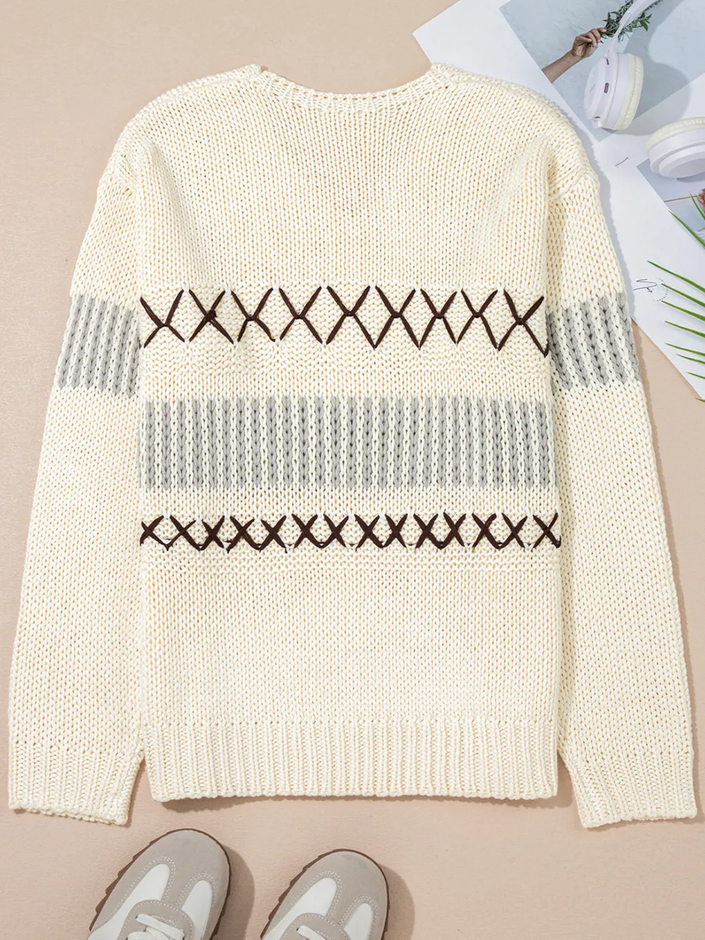 Contrast Stitch Detail V Neck Drop Shoulder Sweater, image 8