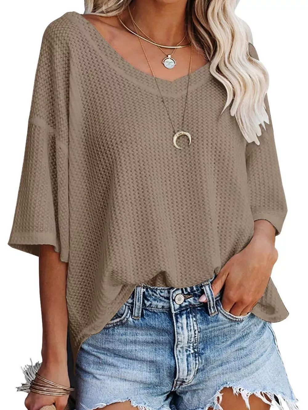 Waffle Knit V-Neck Short Sleeve T-Shirt, image 14