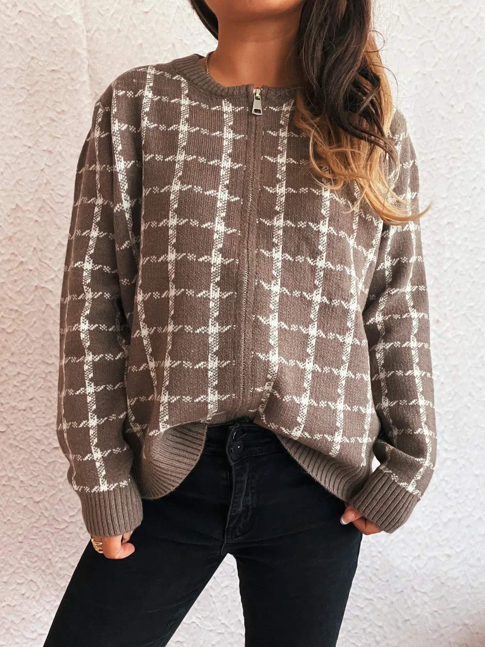 Plaid Pattern Zip Up Cardigan, image 17
