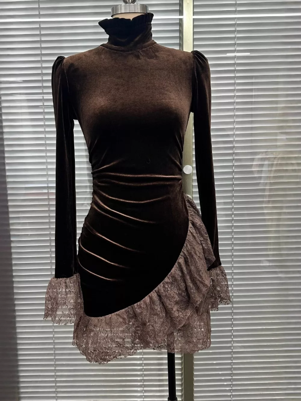 Velvet Mock Neck Mini Dress with Lace Ruffle Trim, image 3