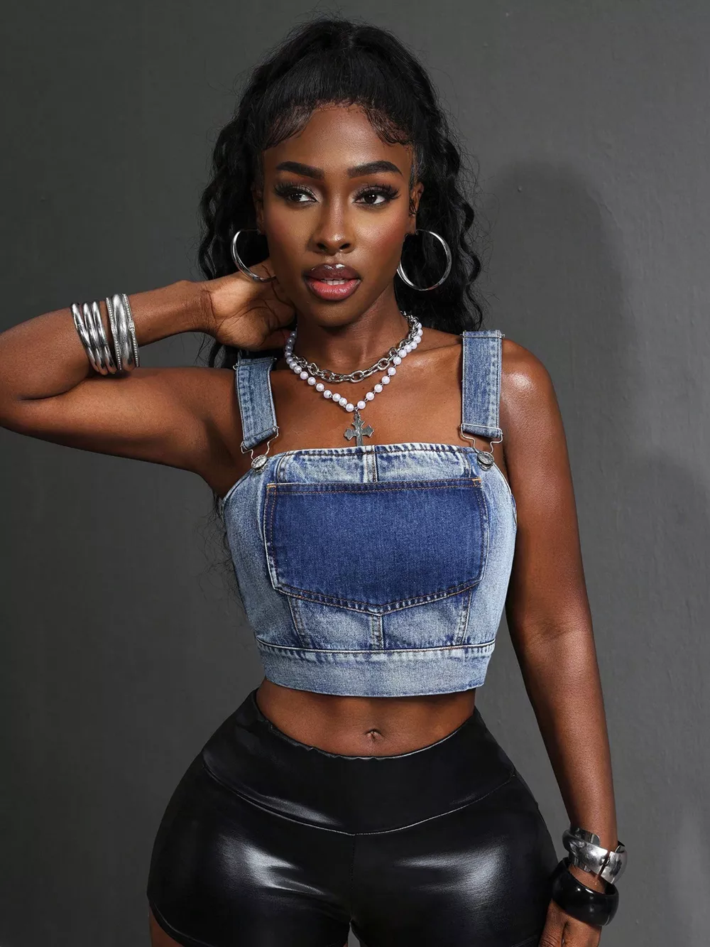 Cropped Denim Top with Adjustable Straps, image 3