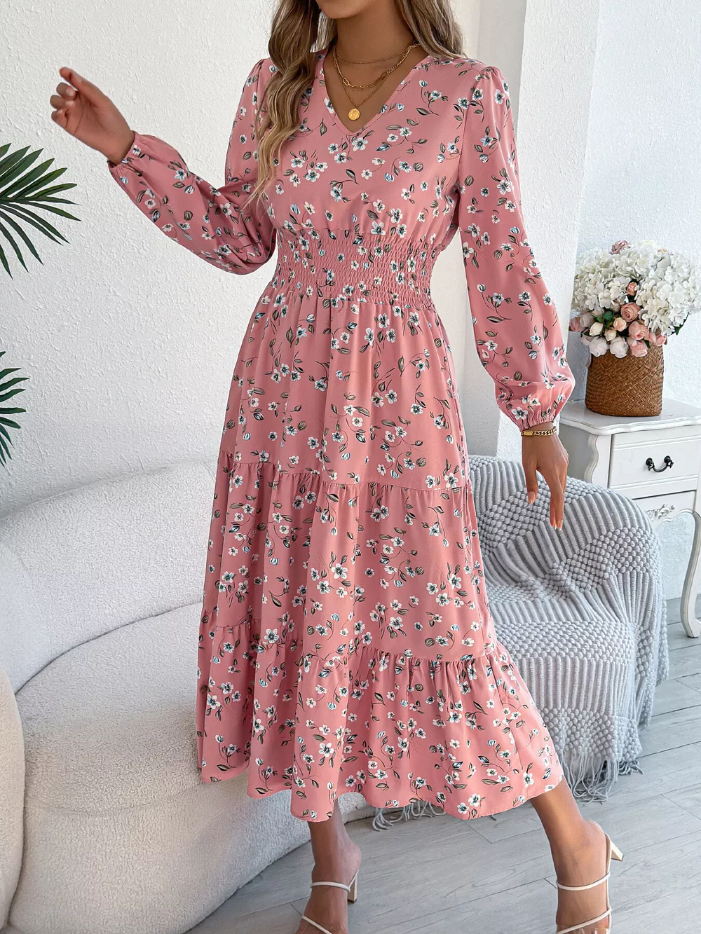 Floral Print Long Sleeve V-Neck Midi Dress, image 18