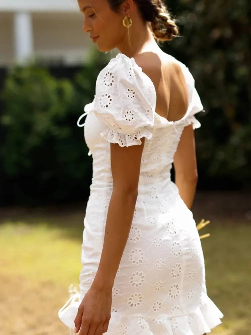 Eyelet Ruffled Hem Lace Up Mini Dress, image 3