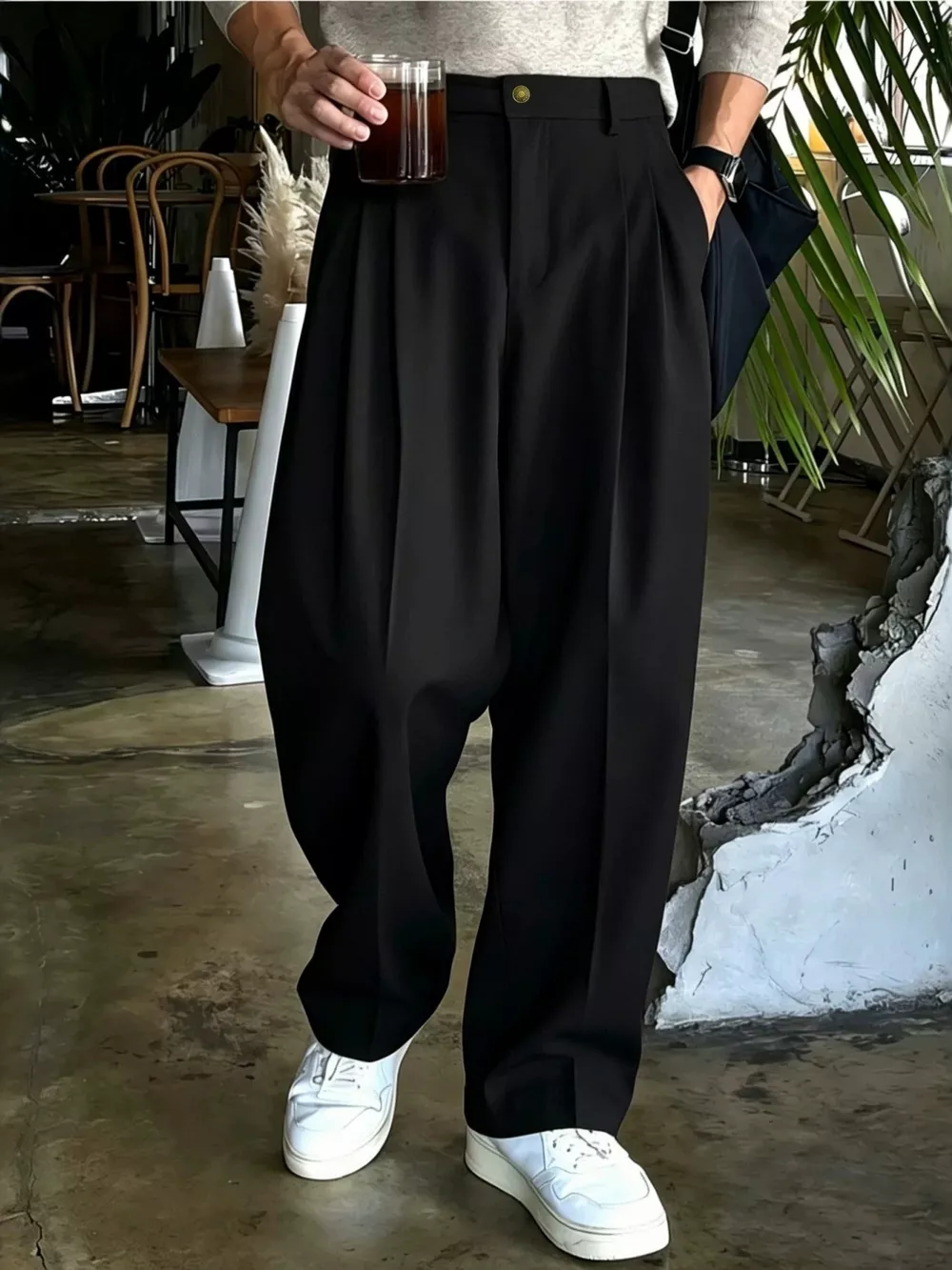Men's High-Waisted Pleated Wide-Leg Dress Pants