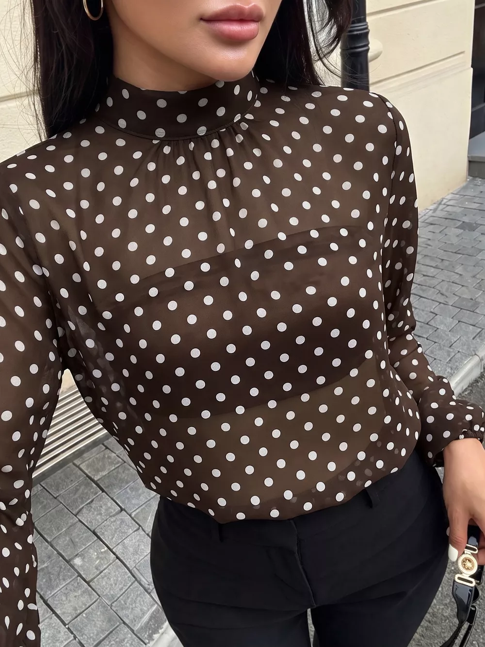 Polka Dot Mock Neck Long Sleeve Blouse, image 9