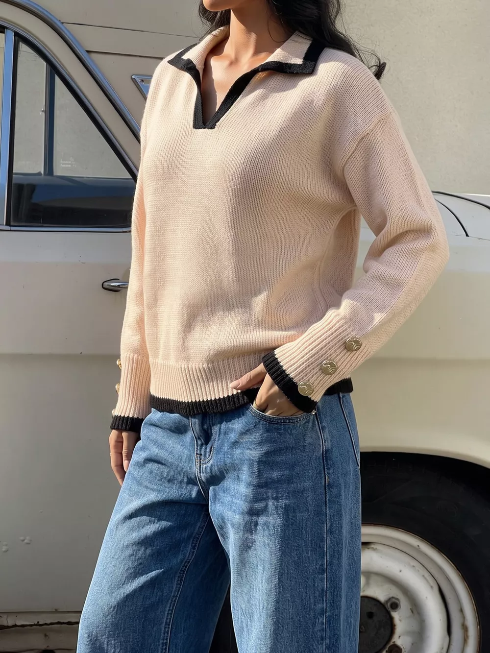 Contrast Trim Polo Collar Sweater, image 12