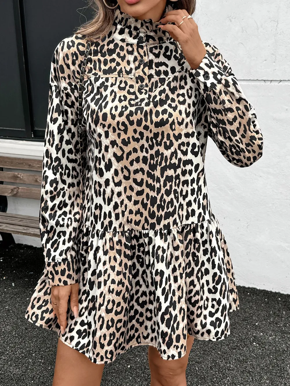 Leopard Print Long Sleeve Mock Neck Mini Dress, image 3