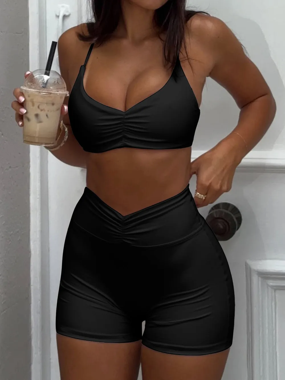 Ruched Sports Bra and High-Waisted Shorts Active Set, image 10