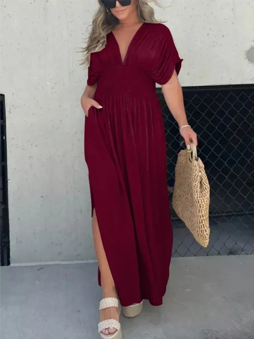 Full Size Slit V-Neck Smocked Waist Maxi Dress Plus Size, image 12