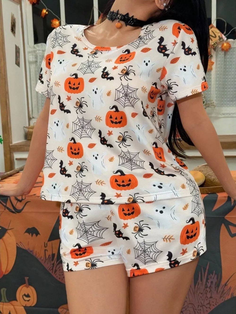 Halloween Print Short Sleeve Top and Shorts Lounge Set, image 2