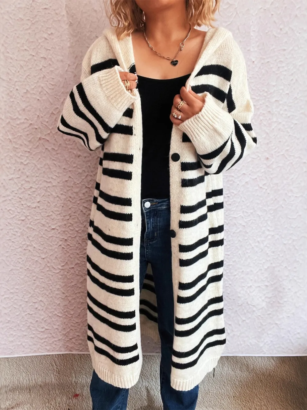 Striped Open Front Hooded Cardigan, image 21