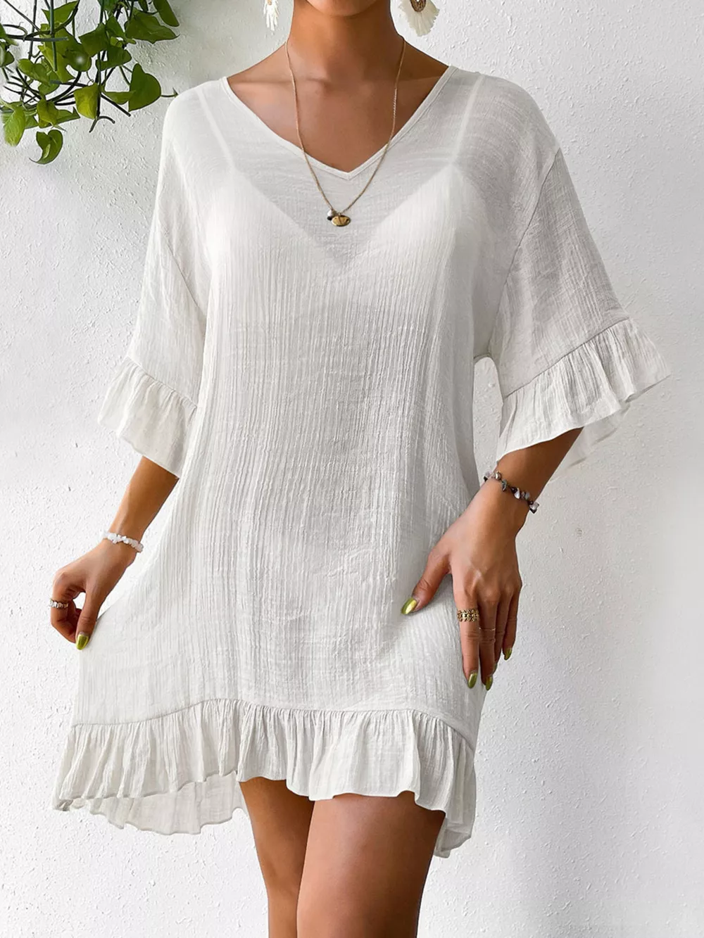 Ruffle Trim Butterfly Back V-Neck Cover-Up Dress, image 5