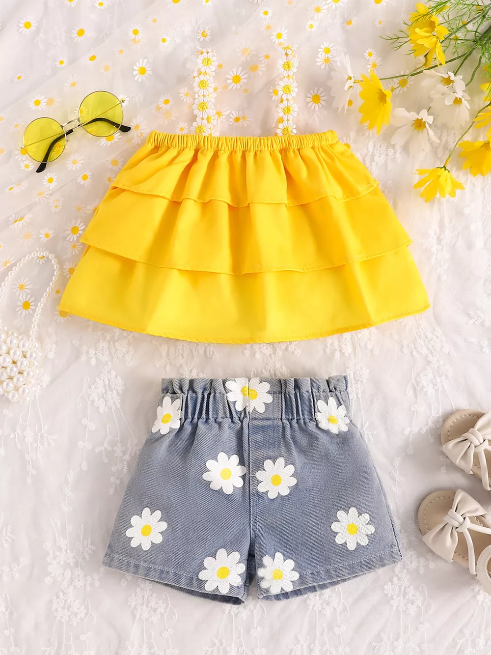 Children's Daisy Print Cami and Denim Shorts Set