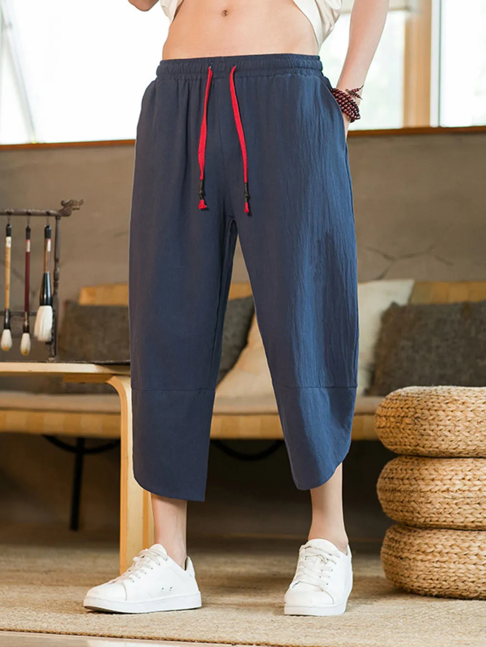 Men's Plus Size Casual Linen Cropped Pants with Drawstring, image 3