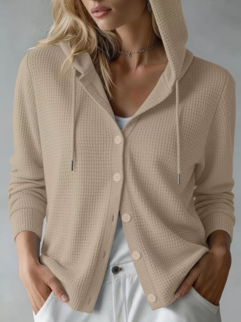 Waffle Knit Button-Down Hooded Cardigan, image 5