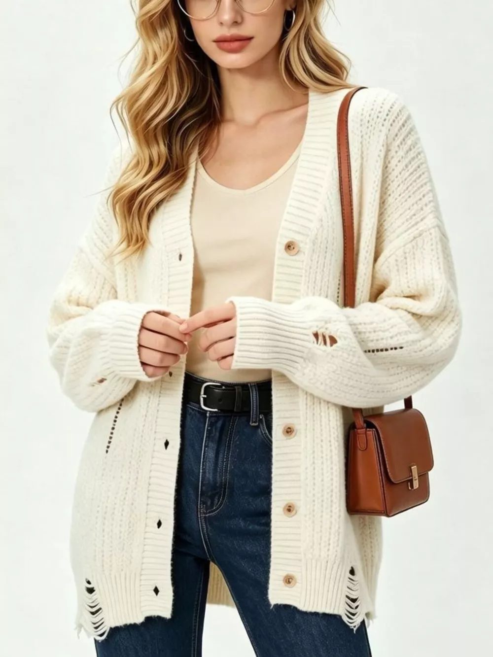 Full Size Distressed Oversized V-Neck Button-Down Cardigan Plus Size, image 2
