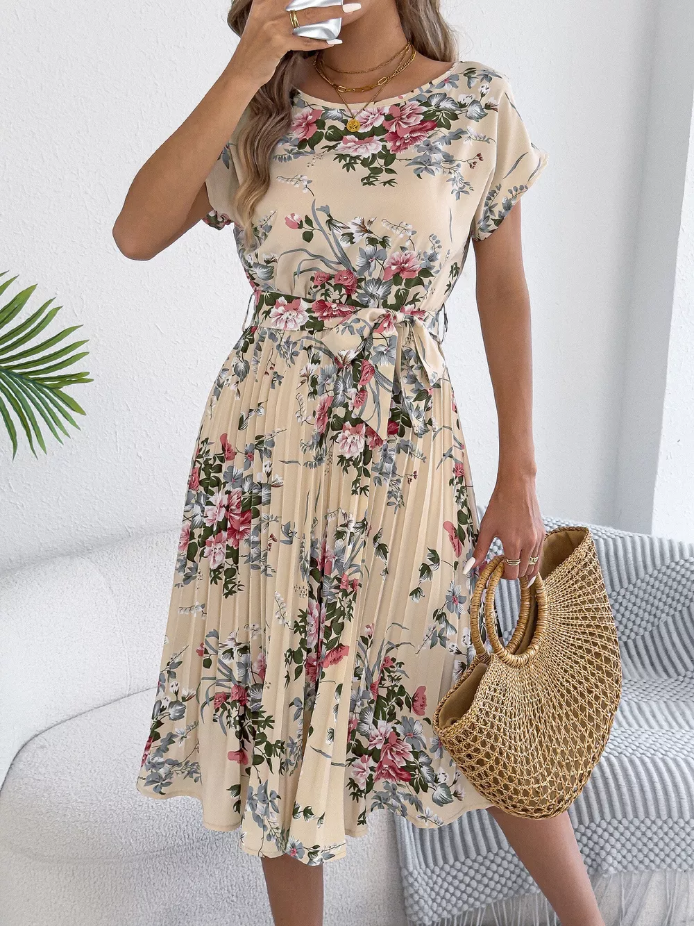 Floral Print Pleated A-Line Midi Dress, image 13
