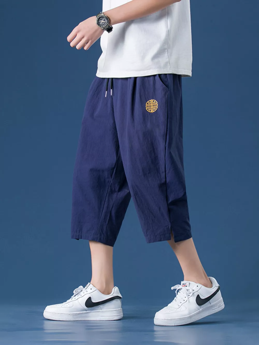 Men's Plus Size Drawstring Embroidered Detail Capri, image 2