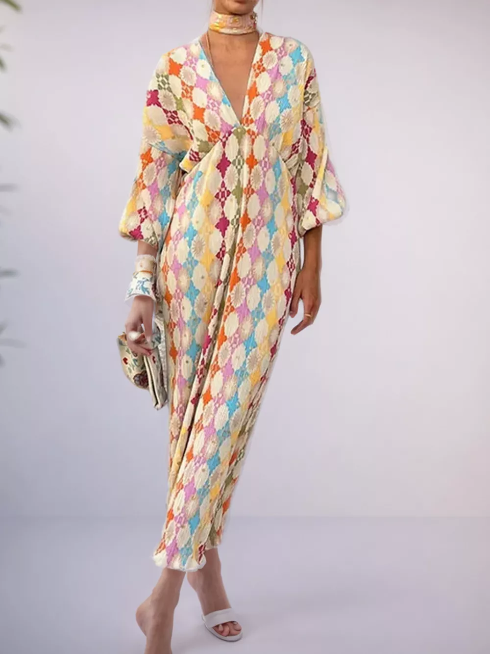 Full Size V-Neck Multi-Color Geometric Print Maxi Dress Plus Size