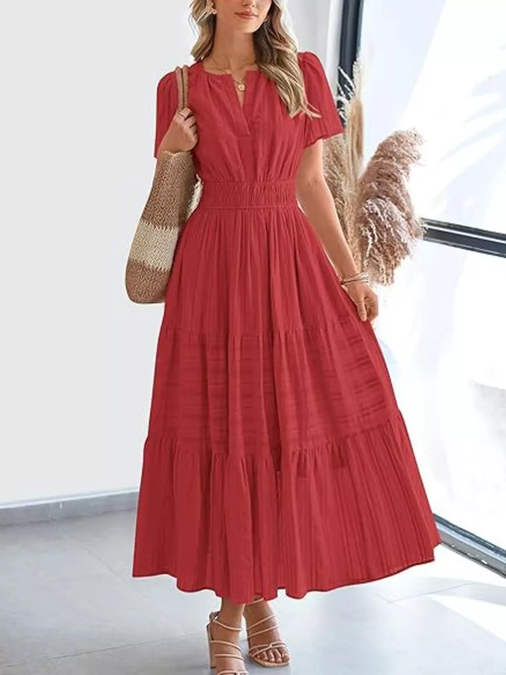 Full Size Short Sleeve Tiered Midi Dress Plus Size, image 12