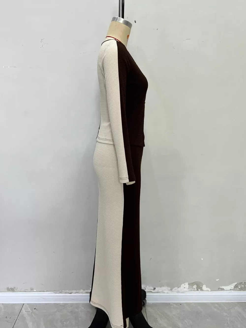 Two-Tone Long Sleeve Top and Maxi Skirt Set, image 6
