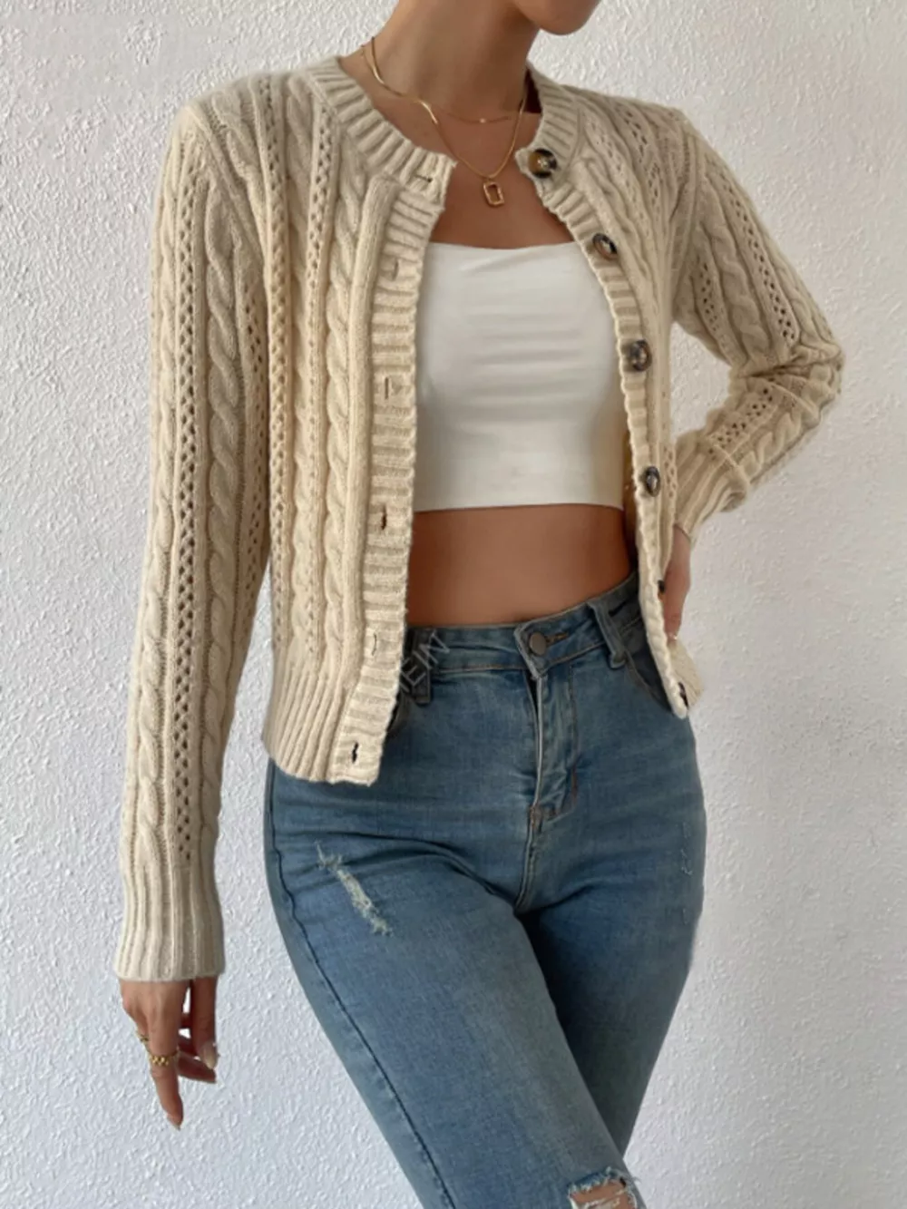 Cable Knit Button-Up Cardigan, image 15