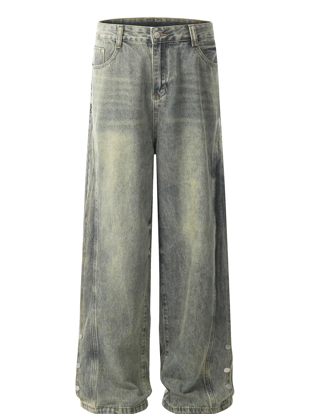 Men's Washed Wide Leg Jeans with Side Button Details, image 3