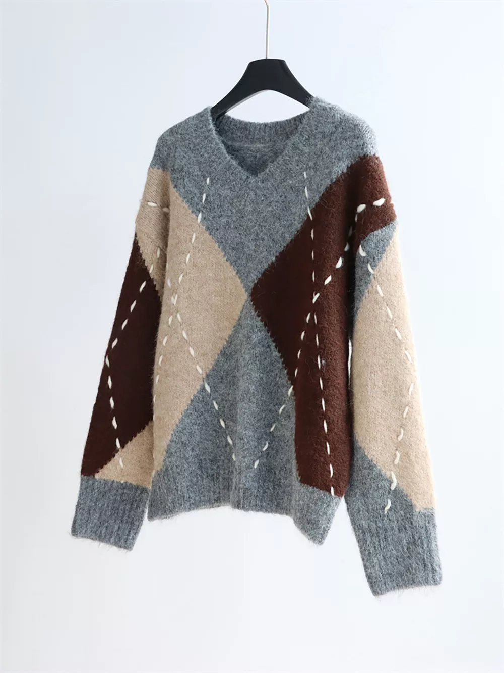 Argyle Pattern V-Neck Oversized Sweater, image 15